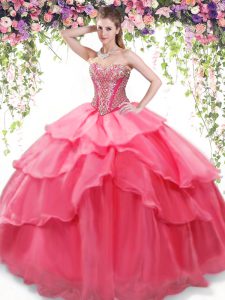 Exceptional Coral Red Lace Up Quinceanera Gown Beading and Ruffled Layers Sleeveless Floor Length