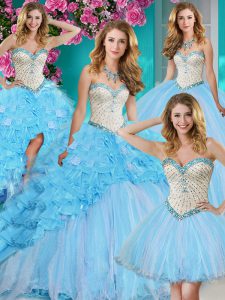 Four Piece Brush Train Ball Gowns 15th Birthday Dress Baby Blue Sweetheart Organza Sleeveless With Train Lace Up