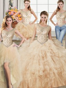 Four Piece Champagne Lace Up Scoop Beading and Ruffles Quinceanera Gown Tulle Sleeveless