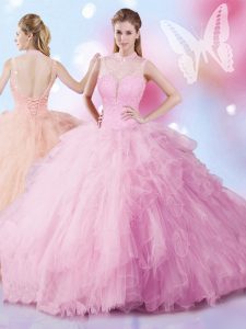 Colorful Tulle Sleeveless Lace Up Beading and Ruffles Quinceanera Dresses in Rose Pink