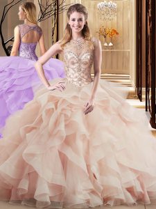 Fashionable Scoop Sleeveless Brush Train Lace Up Beading and Ruffles Quinceanera Gowns