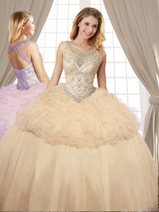 Champagne Scoop Lace Up Beading and Ruffles Quinceanera Dresses Sleeveless