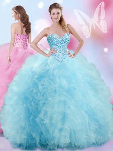 Suitable Baby Blue Tulle Lace Up Sweet 16 Dresses Sleeveless Floor Length Beading and Ruffles