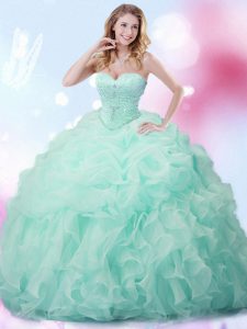 Apple Green Organza Lace Up Sweetheart Sleeveless With Train 15 Quinceanera Dress Brush Train Beading and Ruffles and Pick Ups