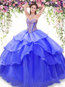 High End Floor Length Lace Up Quinceanera Gown Blue for Military Ball and Sweet 16 and Quinceanera with Beading and Ruffled Layers