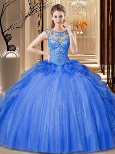 Colorful Scoop Sleeveless Tulle and Sequined Sweet 16 Dresses Ruffles Lace Up