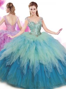 Latest Multi-color Cap Sleeves Tulle Lace Up Sweet 16 Quinceanera Dress for Military Ball and Sweet 16 and Quinceanera