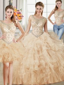 Three Piece Scoop Sleeveless Lace Up Quinceanera Dress Champagne Tulle