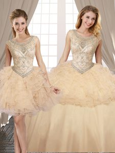 Three Piece Scoop Champagne Sleeveless Beading and Ruffles Floor Length Quinceanera Dresses