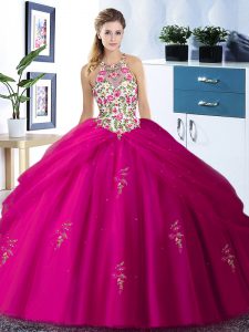 Excellent Halter Top Fuchsia Ball Gowns Embroidery and Pick Ups 15 Quinceanera Dress Lace Up Tulle Sleeveless Floor Length