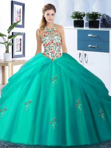 Great Pick Ups Halter Top Sleeveless Lace Up 15 Quinceanera Dress Turquoise Tulle