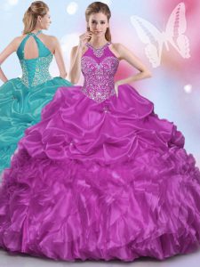 Delicate Fuchsia Ball Gowns Organza Halter Top Sleeveless Appliques and Pick Ups Floor Length Lace Up Sweet 16 Dresses