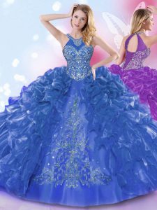 Halter Top Sleeveless Organza Floor Length Lace Up Quinceanera Dress in Royal Blue with Appliques and Ruffled Layers