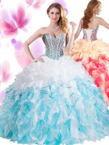 High End Blue And White Quinceanera Gowns Military Ball and Sweet 16 and Quinceanera with Beading and Ruffles Sweetheart Sleeveless Lace Up