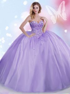 Lavender Lace Up Quinceanera Gowns Beading Sleeveless Floor Length