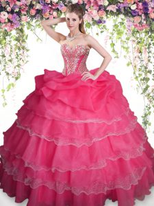 Smart Sleeveless Organza Floor Length Lace Up Quinceanera Dress in Coral Red with Beading and Ruffled Layers and Pick Ups