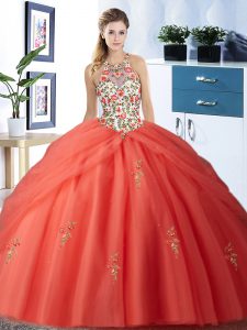 Low Price Halter Top Orange Red Sleeveless Embroidery and Pick Ups Floor Length Ball Gown Prom Dress