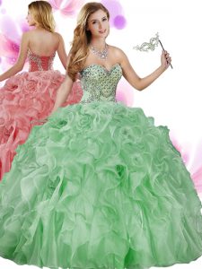 Green Sleeveless Beading and Ruffles Floor Length Quince Ball Gowns