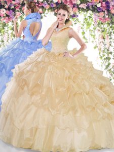High-neck Sleeveless Organza Quince Ball Gowns Beading and Ruffled Layers Backless