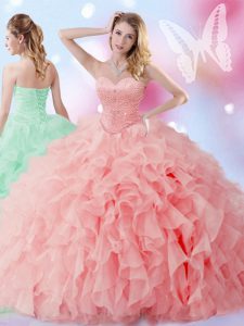 Elegant Watermelon Red Quinceanera Dresses Military Ball and Sweet 16 and Quinceanera with Beading and Ruffles Sweetheart Sleeveless Lace Up