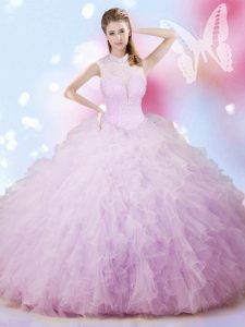 Graceful Floor Length Lavender Quinceanera Dresses High-neck Sleeveless Lace Up