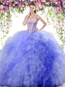 Romantic Sleeveless Tulle Floor Length Lace Up 15 Quinceanera Dress in Blue with Beading and Ruffles