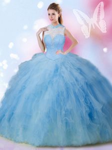 Top Selling Baby Blue Ball Gowns High-neck Sleeveless Tulle Floor Length Lace Up Beading and Ruffles Sweet 16 Quinceanera Dress