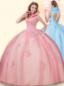 Pink Ball Gowns Beading and Appliques Quinceanera Dresses Backless Tulle Sleeveless Floor Length