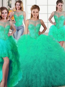 Four Piece Scoop Sleeveless Ball Gown Prom Dress Floor Length Beading and Ruffles Turquoise Tulle