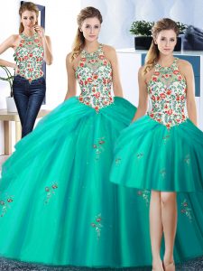 Pretty Three Piece Turquoise Halter Top Lace Up Embroidery and Pick Ups Quinceanera Dress Sleeveless