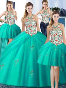 High End Four Piece Tulle Halter Top Sleeveless Lace Up Embroidery and Pick Ups Quinceanera Dresses in Turquoise