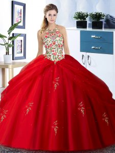Red Ball Gowns Tulle Halter Top Sleeveless Embroidery and Pick Ups Floor Length Lace Up 15th Birthday Dress