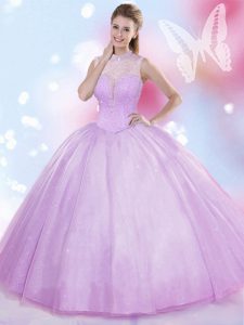 Hot Selling Tulle High-neck Sleeveless Lace Up Beading Quinceanera Dresses in Lavender
