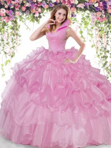 Charming Organza High-neck Sleeveless Backless Beading and Ruffled Layers Vestidos de Quinceanera in Lilac