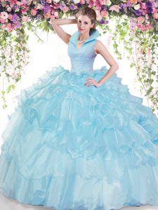Ruffled Ball Gowns Quinceanera Gowns Baby Blue High-neck Organza Sleeveless Floor Length Backless