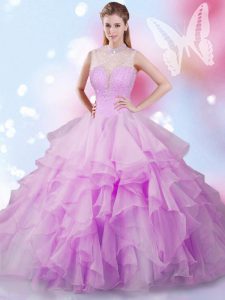 Custom Made Beading and Ruffles Quinceanera Gown Lilac Lace Up Sleeveless Floor Length
