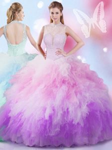 High-neck Sleeveless Tulle Quinceanera Dress Beading and Ruffles Lace Up