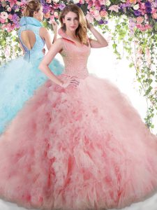 Customized Sleeveless Beading and Ruffles Backless Quinceanera Gowns