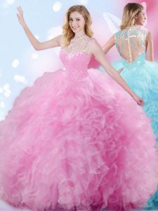 Fabulous Rose Pink Ball Gowns High-neck Sleeveless Tulle Floor Length Zipper Beading and Ruffles and Pick Ups Sweet 16 Quinceanera Dress