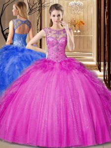 Fine Scoop Sleeveless Beading and Ruffles Lace Up Quince Ball Gowns