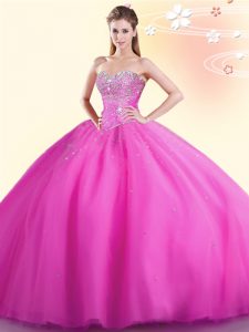 Sophisticated Floor Length Lace Up 15th Birthday Dress Hot Pink for Military Ball and Sweet 16 and Quinceanera with Beading
