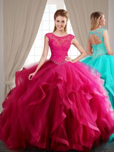 Scoop Hot Pink Cap Sleeves Tulle Brush Train Lace Up Quinceanera Gowns for Military Ball and Sweet 16 and Quinceanera