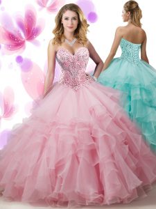Organza Sweetheart Sleeveless Lace Up Beading and Ruffled Layers Quinceanera Gowns in Pink