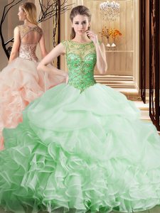 Sweet Organza Scoop Sleeveless Brush Train Lace Up Beading and Ruffles and Pick Ups Quince Ball Gowns in Apple Green