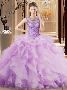 Gorgeous Scoop Ball Gowns Sleeveless Lilac Quinceanera Gowns Brush Train Lace Up