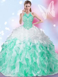 Multi-color Halter Top Neckline Beading and Ruffles and Pick Ups 15 Quinceanera Dress Sleeveless Lace Up