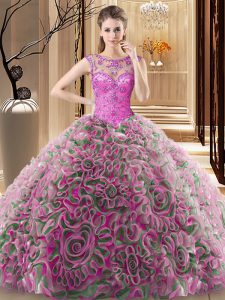 Multi-color Fabric With Rolling Flowers Lace Up Scoop Sleeveless Sweet 16 Quinceanera Dress Sweep Train Beading