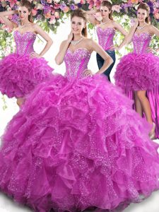 Superior Four Piece Sleeveless Beading and Ruffles Lace Up 15th Birthday Dress