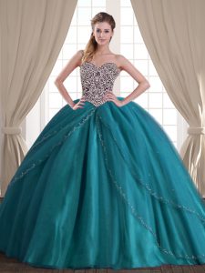Teal Sweetheart Lace Up Beading Ball Gown Prom Dress Brush Train Sleeveless