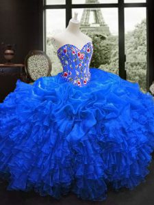 Affordable Royal Blue Lace Up Quinceanera Gowns Embroidery and Ruffles Sleeveless Floor Length
